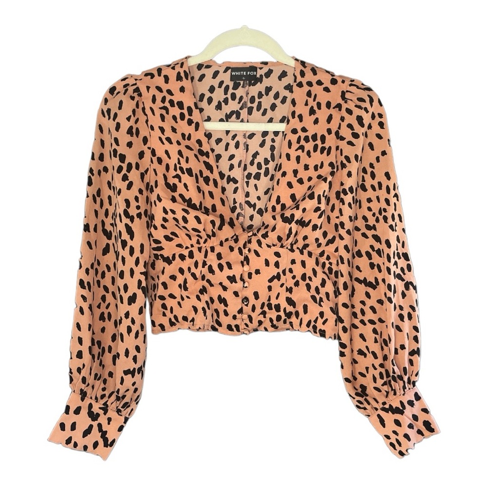 White Fox Boutique Animal Print Long Sleeve Button Crop Top Blouse, Size Small